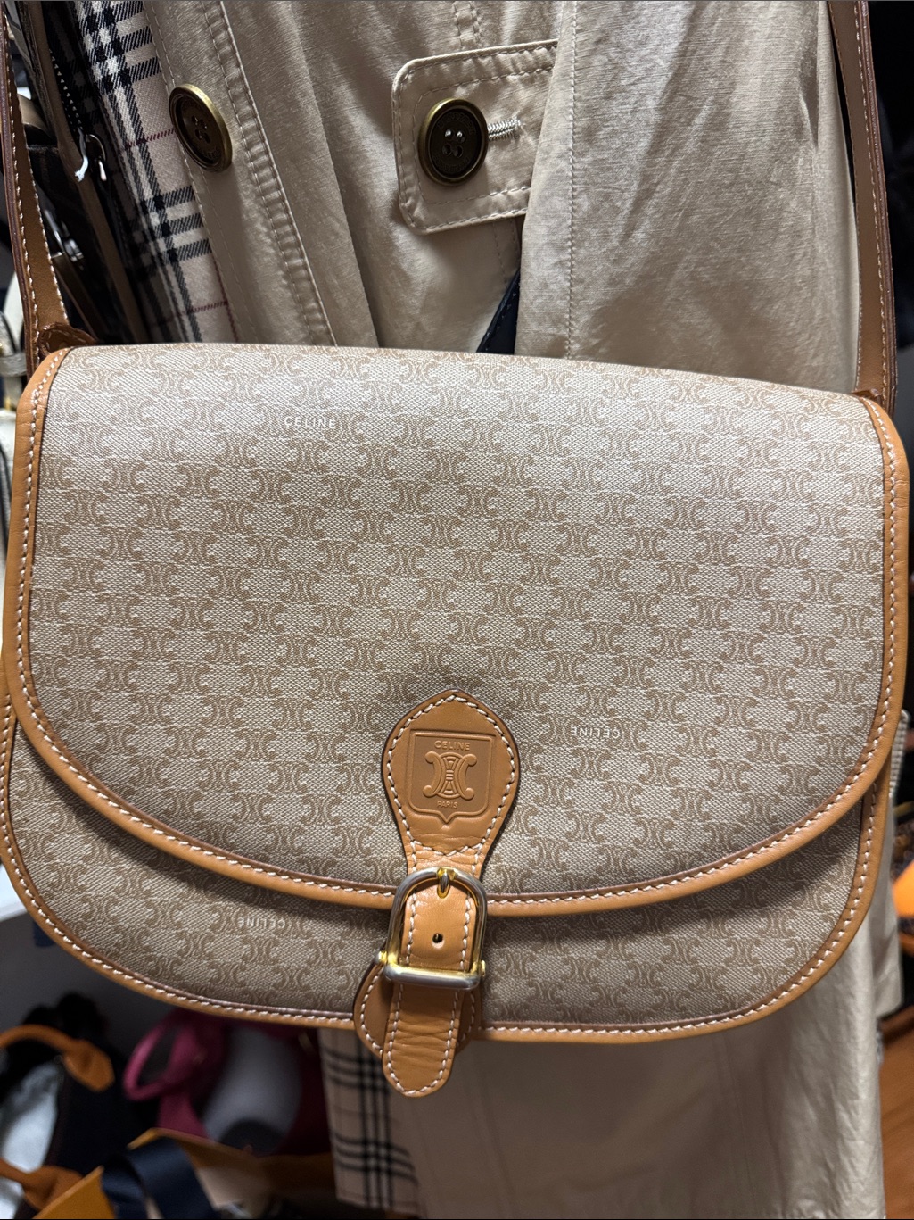 Celine Beige Monogram Canvas Crossbody With Tan Leather Trim 10"W X 7"L
